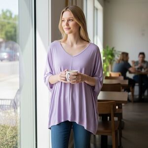 Joan Vass Woman Lilac V-Neck Long Sleeve Shirt. EUC Size 3x AR 8